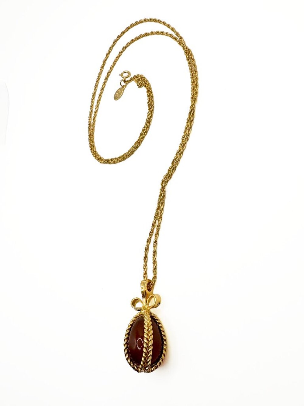 Vintage Joan Rivers Faberge Style Egg Necklace Amber Brown Gold Tone - Picture 4 of 9